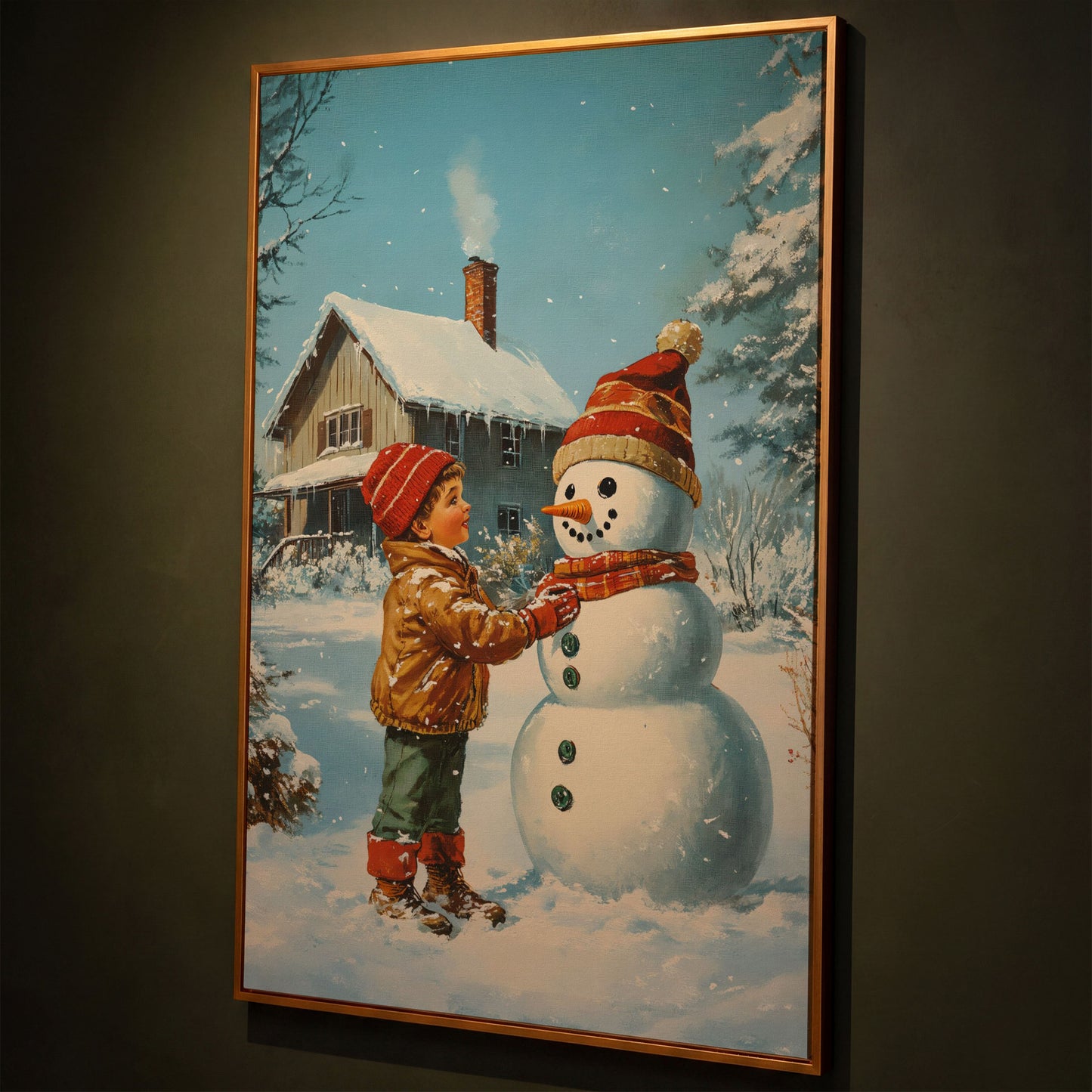 Child Building Snowman Canvas Print shown in antique gold floating frame