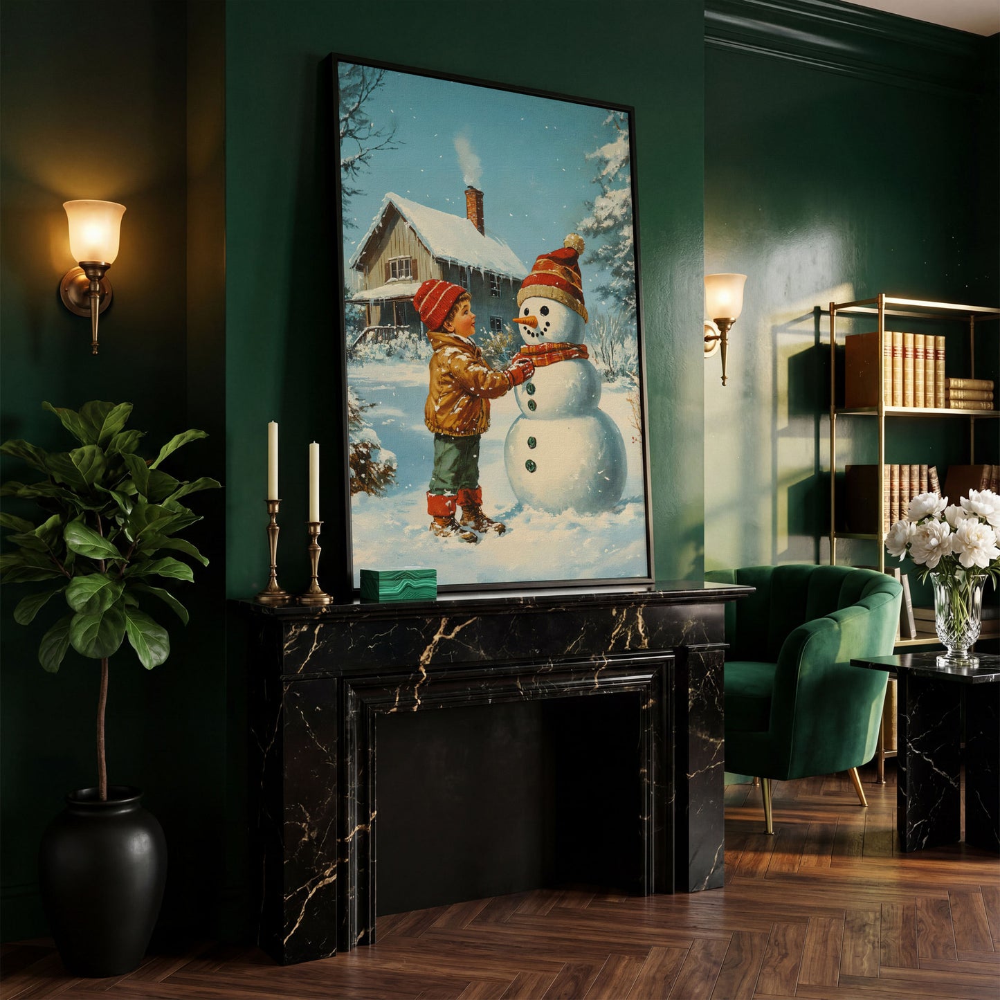 Child Building Snowman Canvas Print in black floating frame