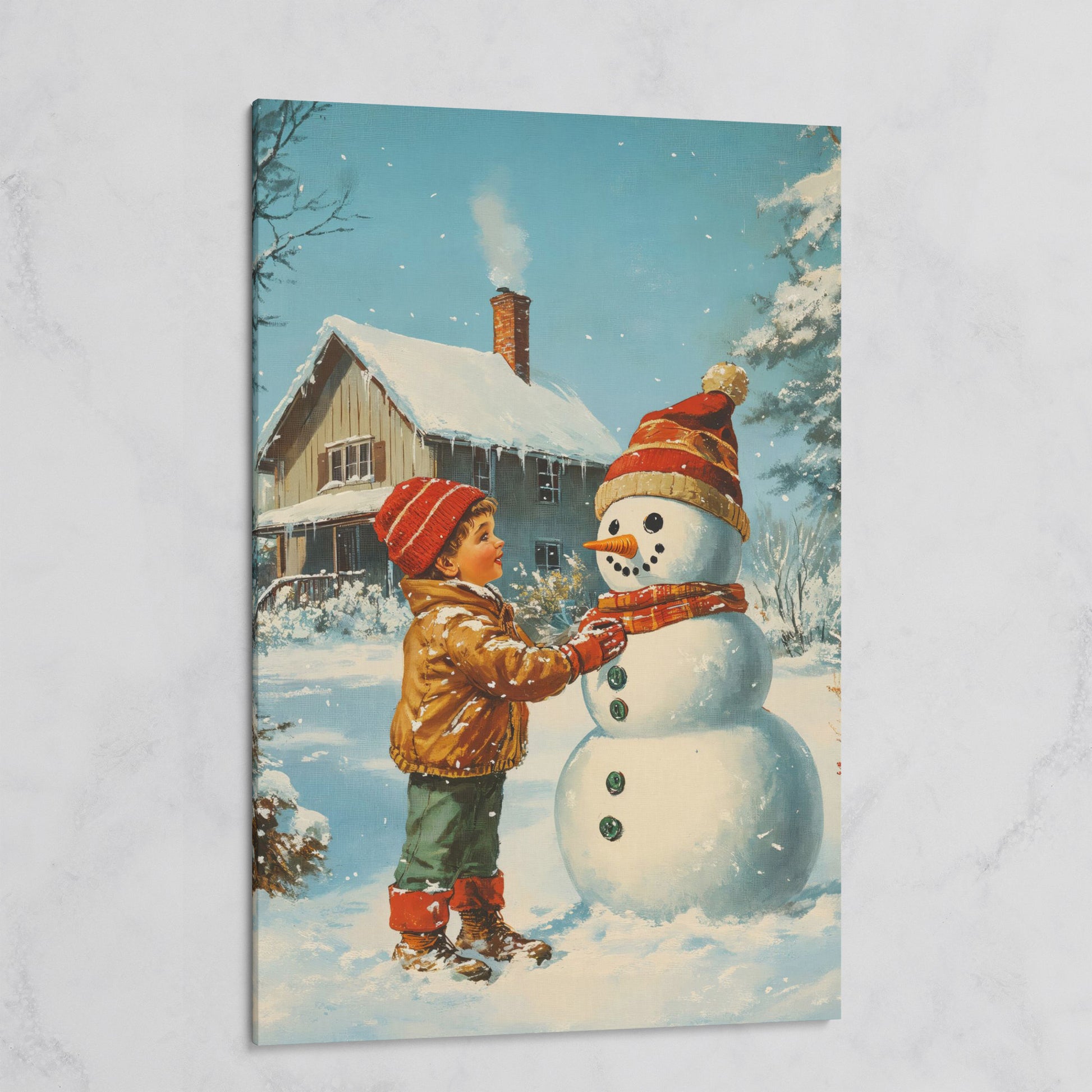 Child Building Snowman Canvas Print on gallery wrap