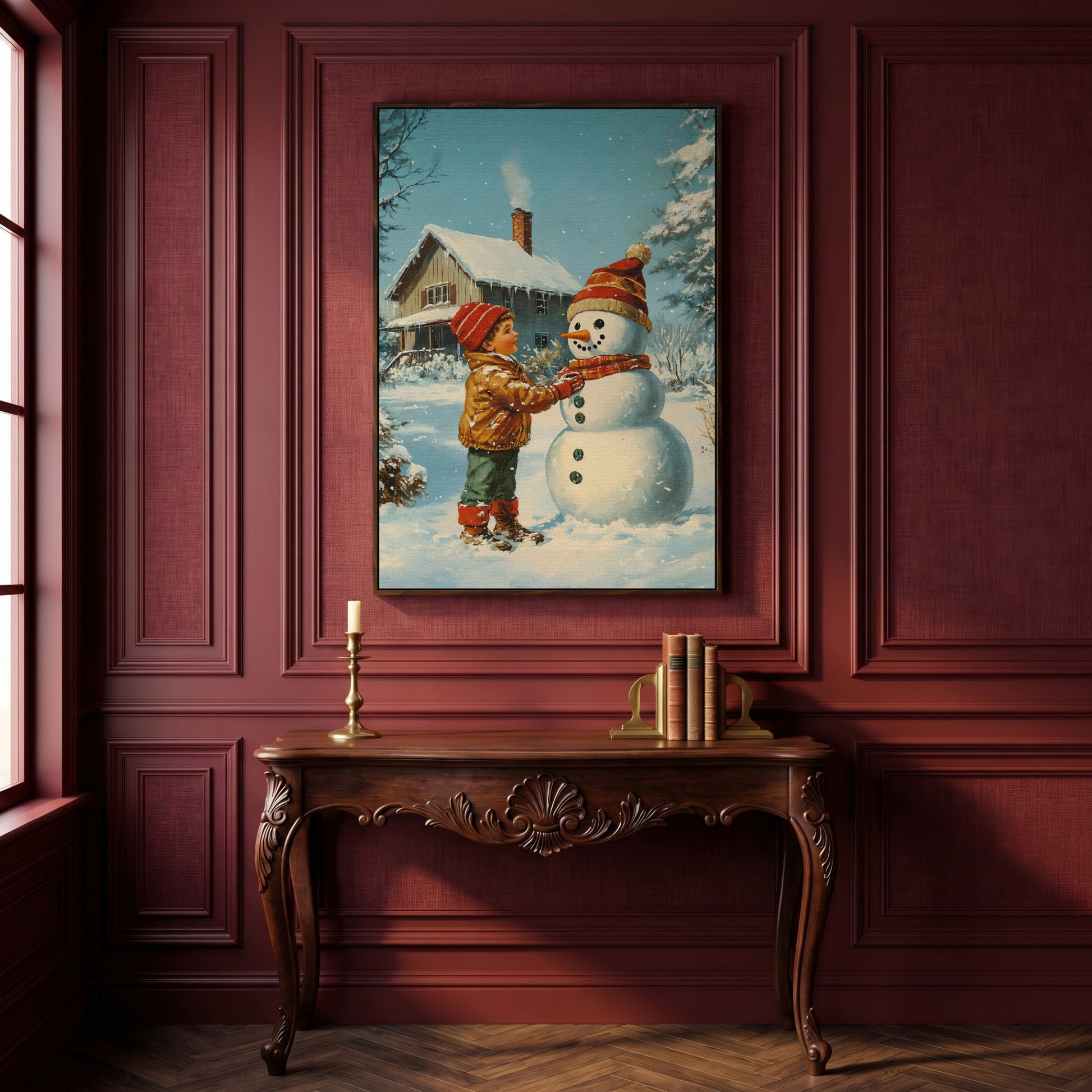 Child Building Snowman Canvas Print in dark walnut floating frame