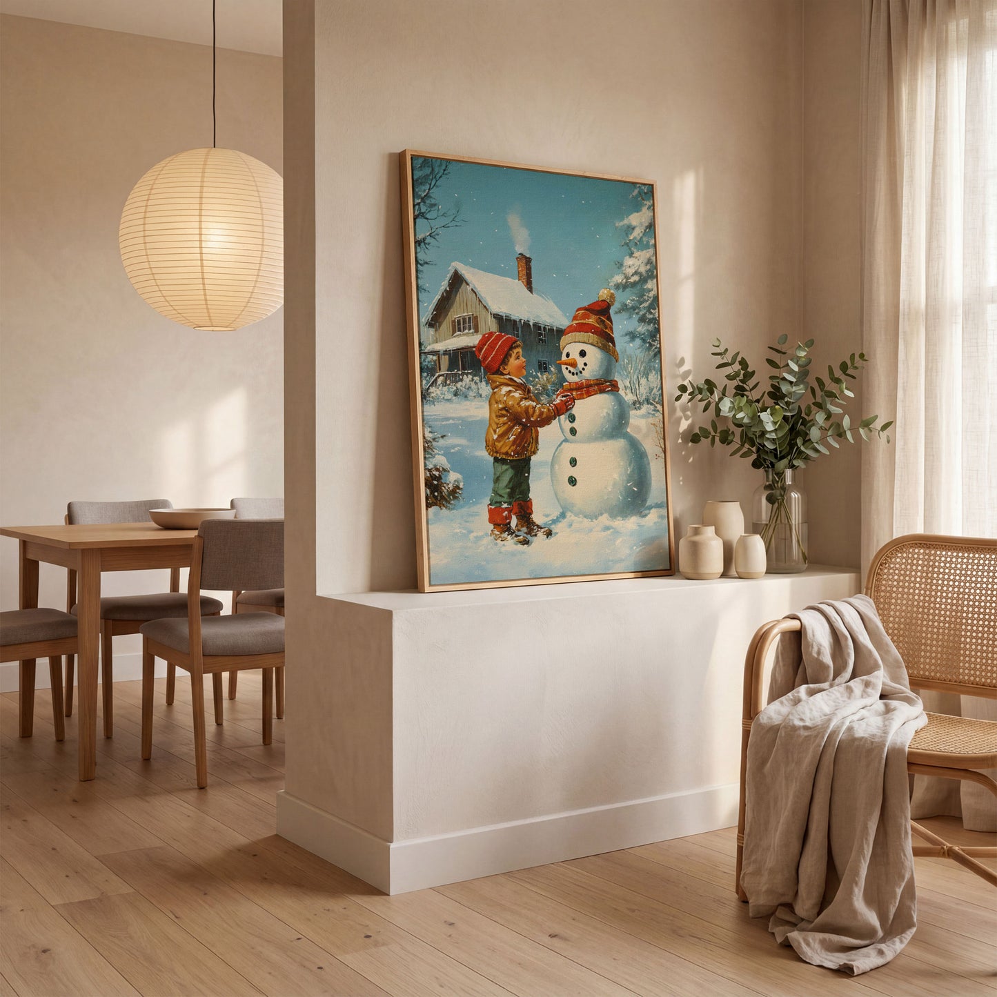 Child Building Snowman Canvas Print in white oak floating frame