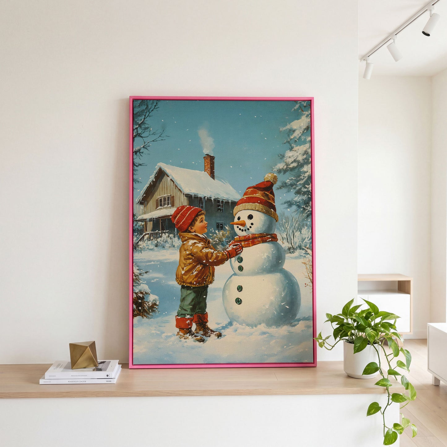 Child Building Snowman Canvas Print in pink floating frame