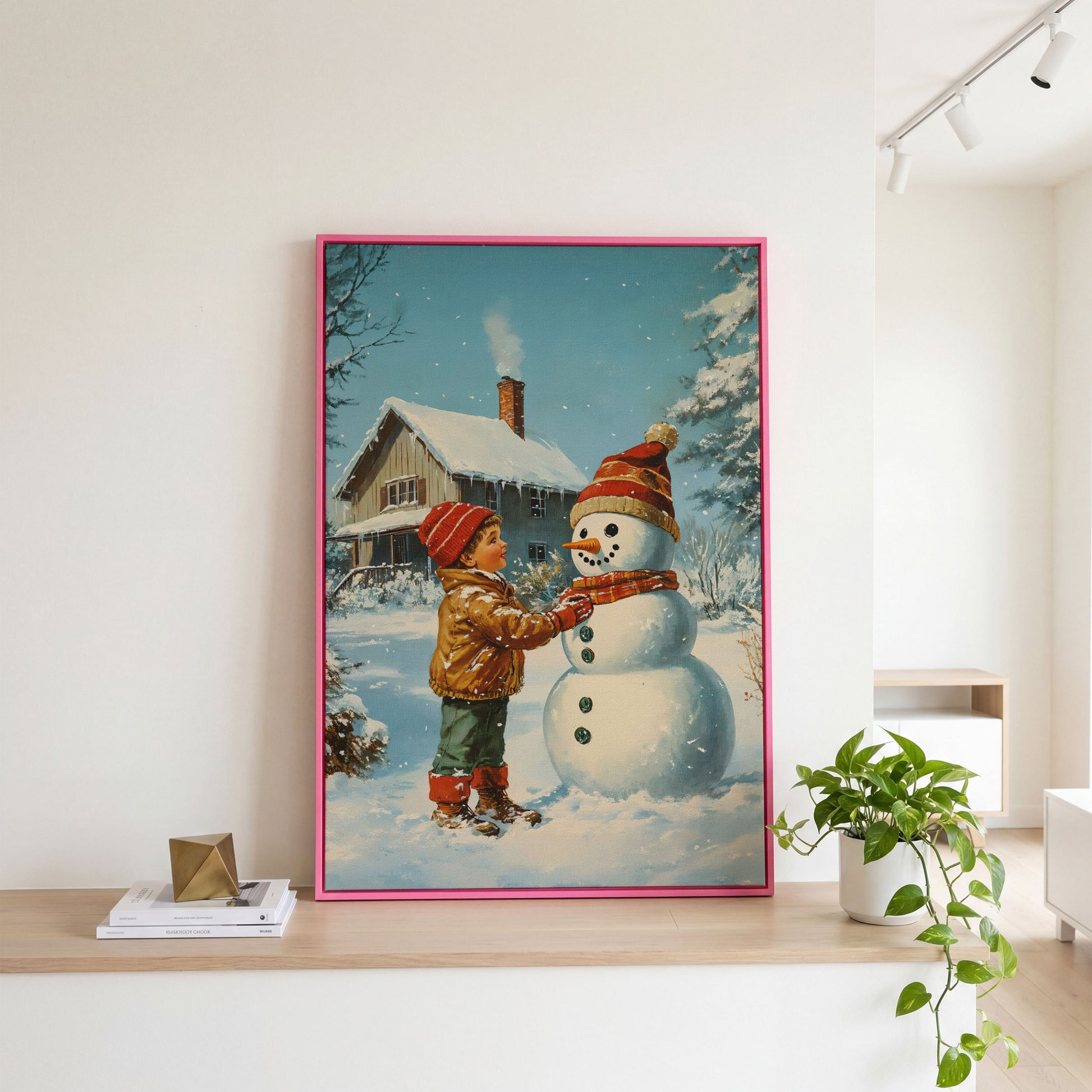 Child Building Snowman Canvas Print in pink floating frame