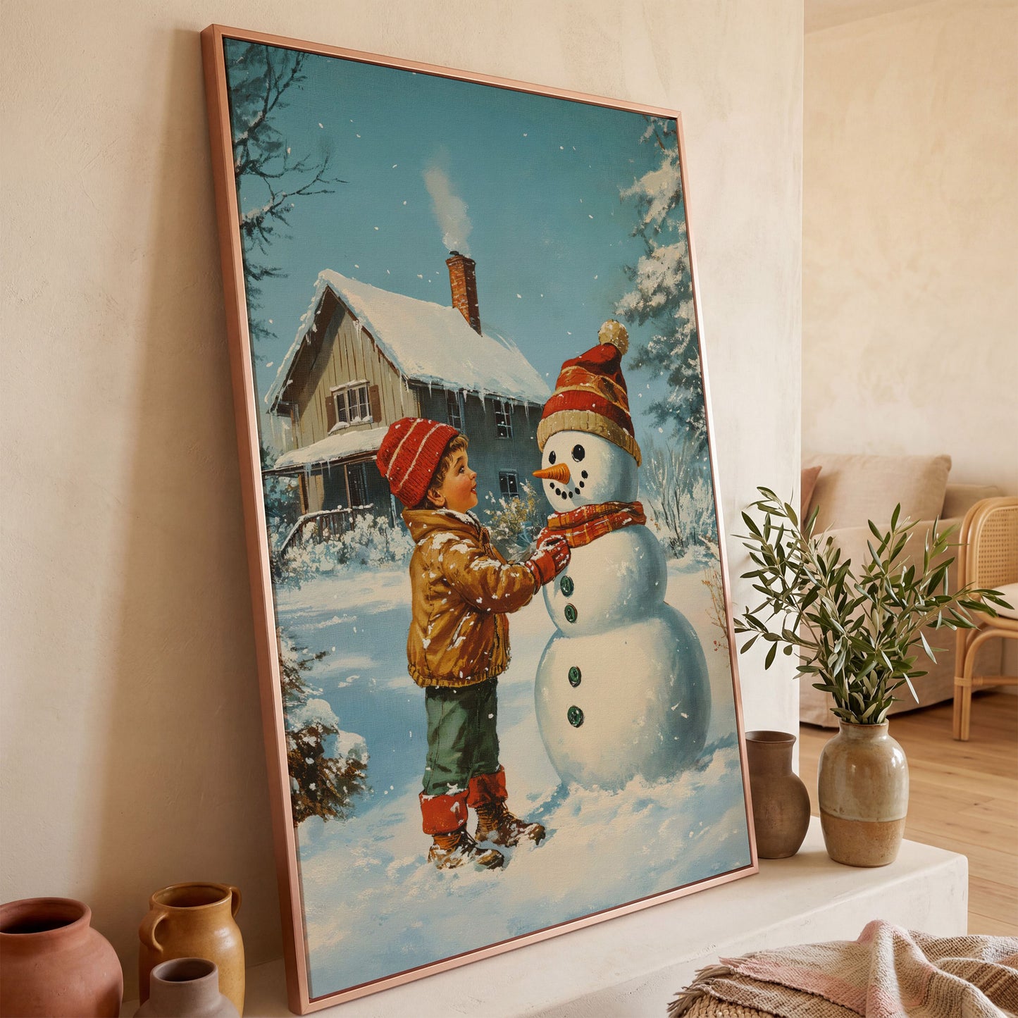 Child Building Snowman Canvas Print in rose gold floating frame