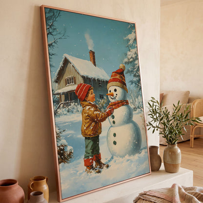 Child Building Snowman Canvas Print in rose gold floating frame