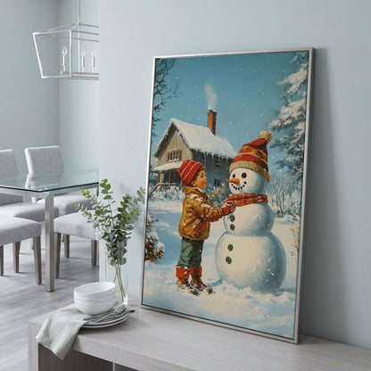 Child Building Snowman Canvas Print in silver floating frame