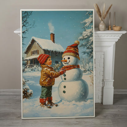 Child Building Snowman Canvas Print in white floating frame