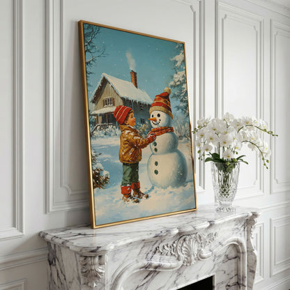 Child Building Snowman Canvas Print in yellow gold floating frame