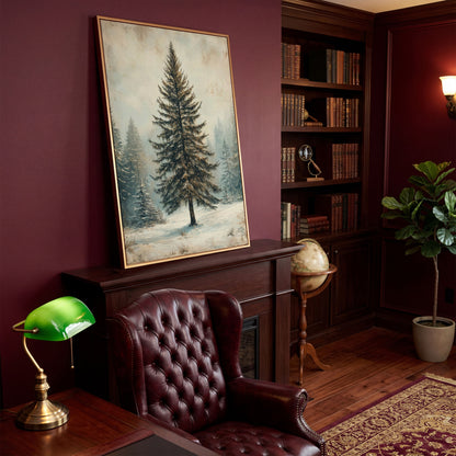 Snowy Evergreen Tree Winter Canvas Print in antique gold floating frame