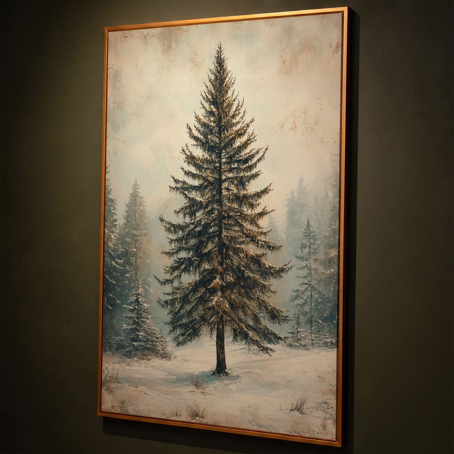 Snowy Evergreen Tree Winter Canvas Print shown in antique gold floating frame