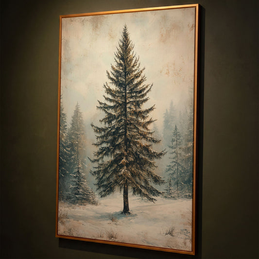 Snowy Evergreen Tree Winter Canvas Print shown in antique gold floating frame