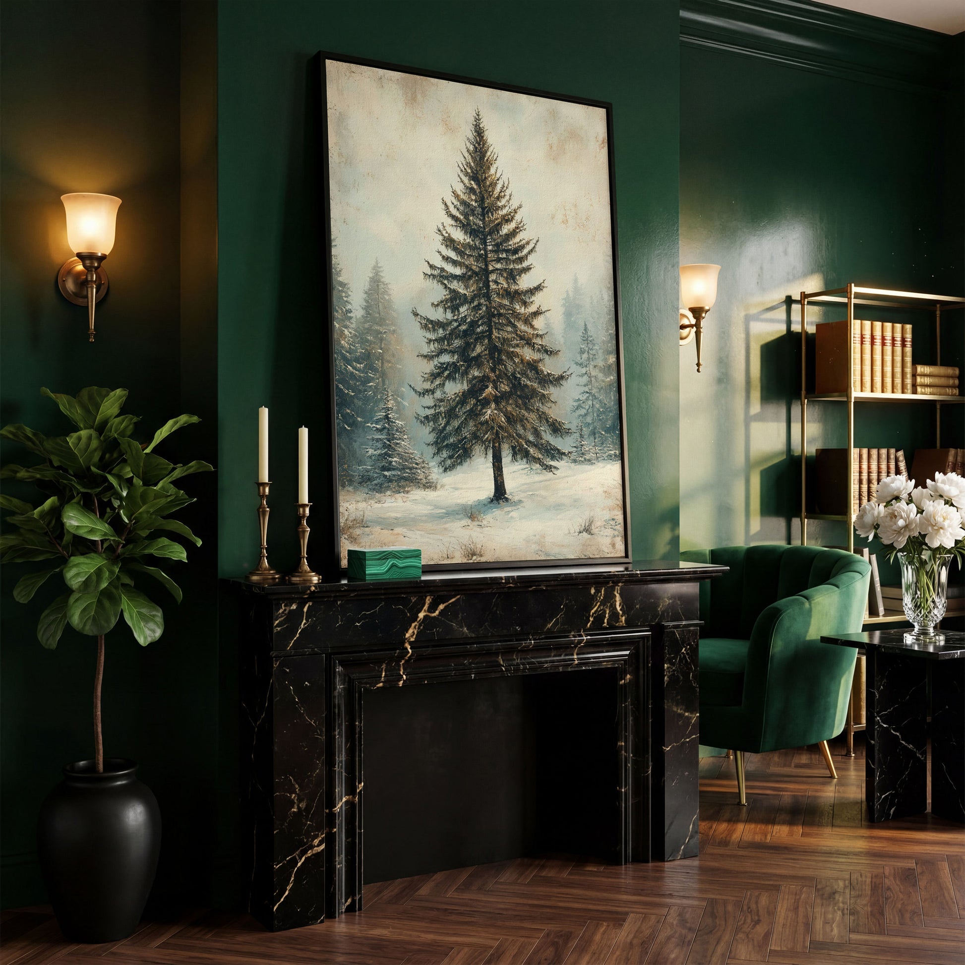 Snowy Evergreen Tree Winter Canvas Print in black floating frame