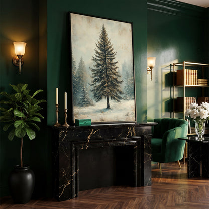 Snowy Evergreen Tree Winter Canvas Print in black floating frame