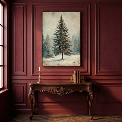Snowy Evergreen Tree Winter Canvas Print in dark walnut floating frame