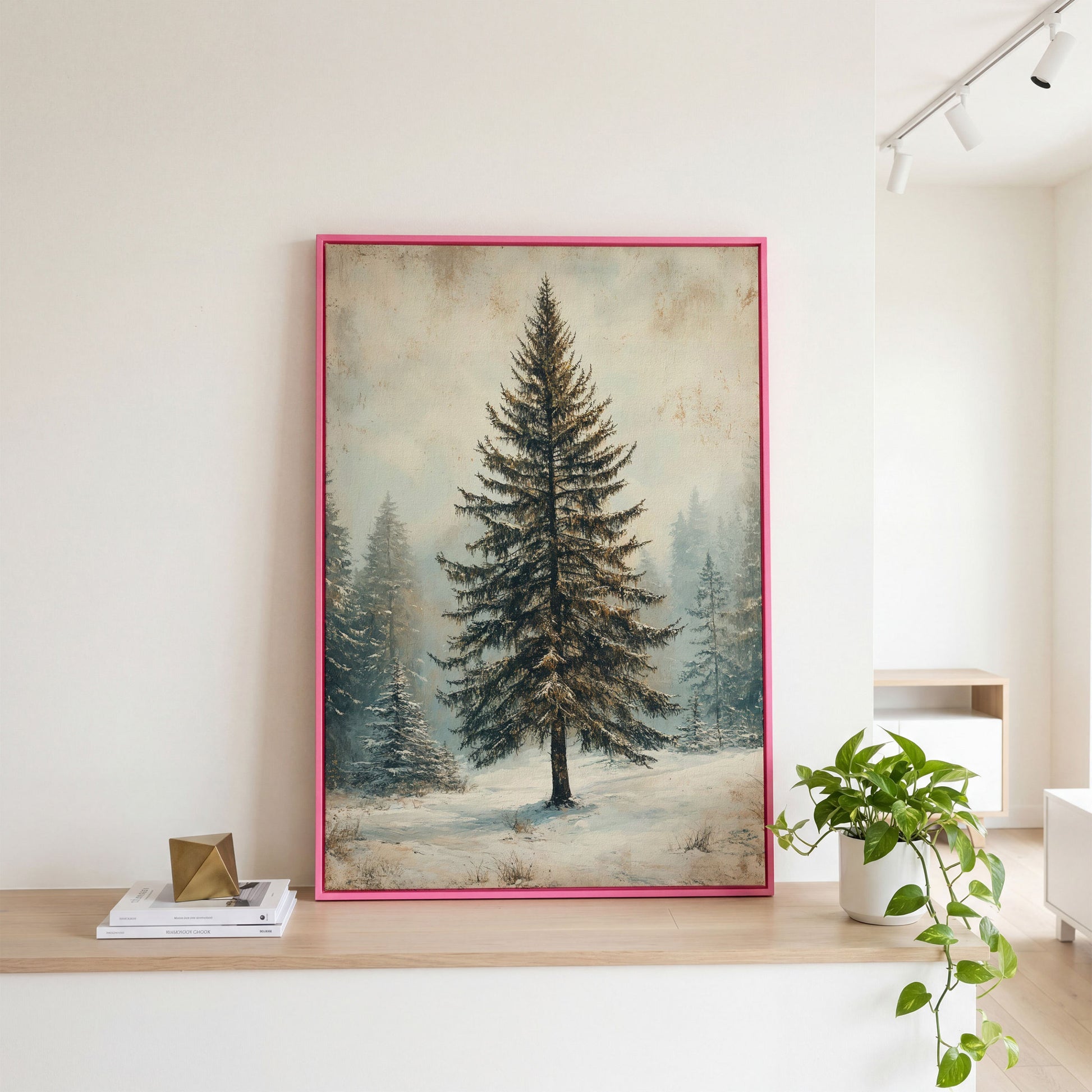 Snowy Evergreen Tree Winter Canvas Print in pink floating frame