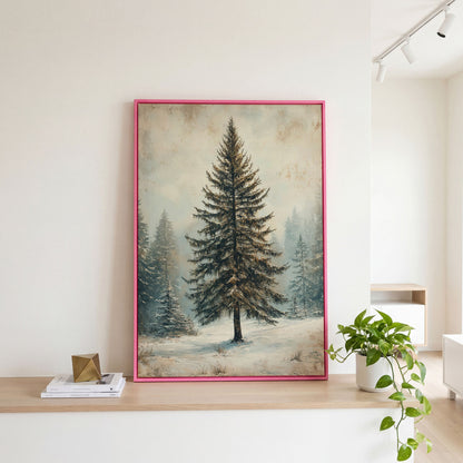 Snowy Evergreen Tree Winter Canvas Print in pink floating frame
