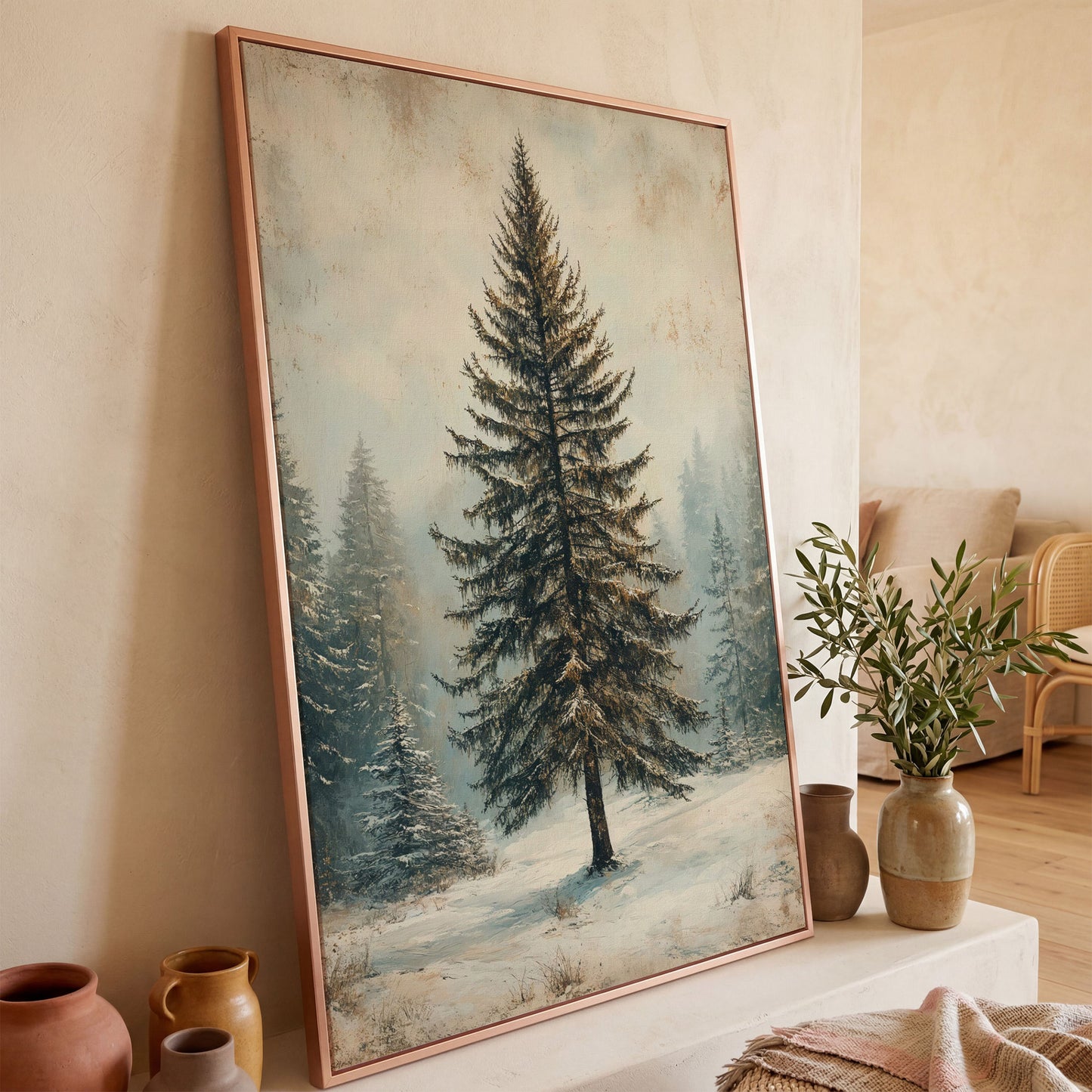 Snowy Evergreen Tree Winter Canvas Print in rose gold floating frame