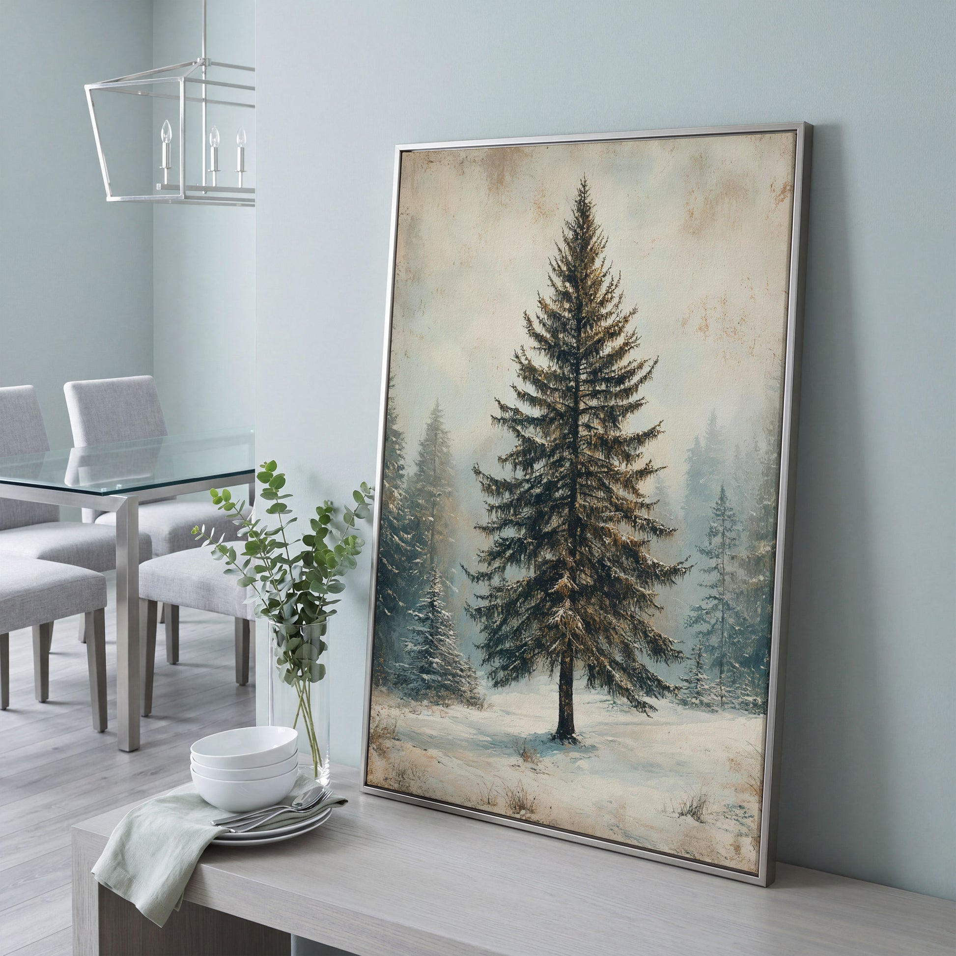 Snowy Evergreen Tree Winter Canvas Print in silver floating frame