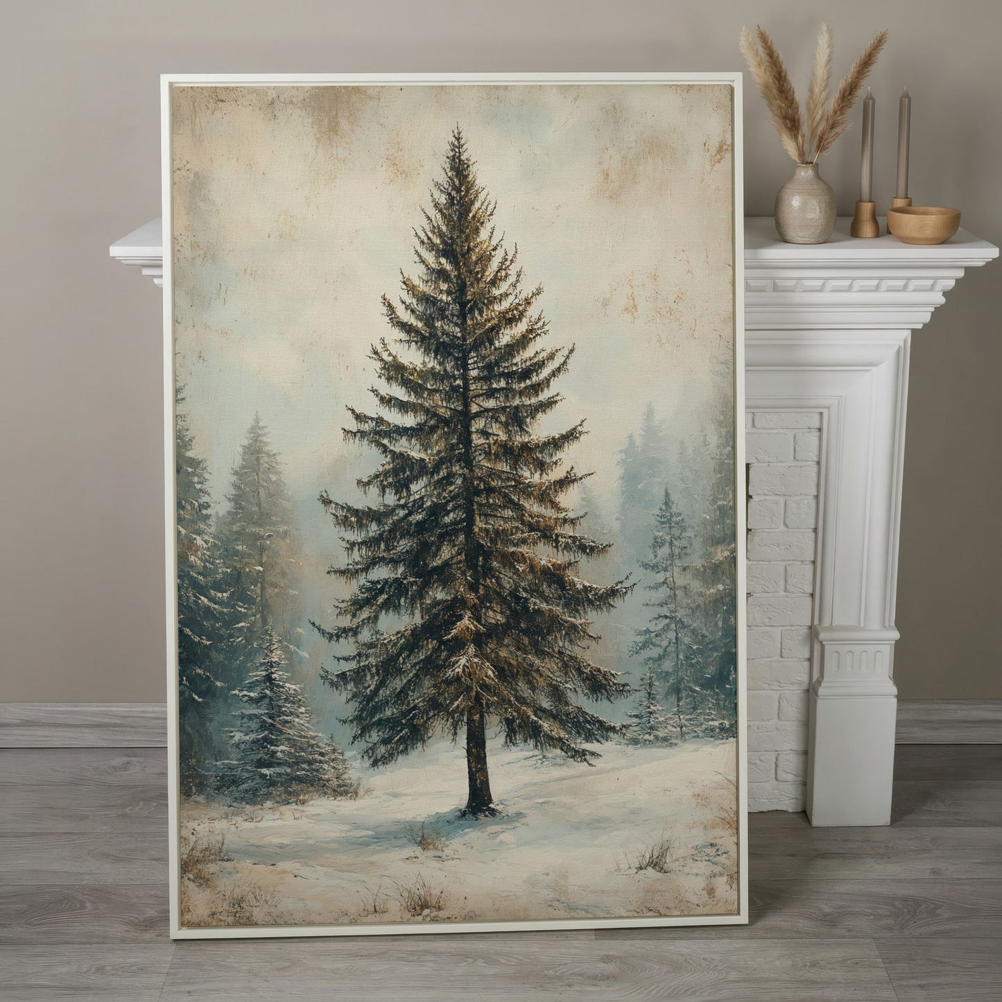 Snowy Evergreen Tree Winter Canvas Print in white floating frame
