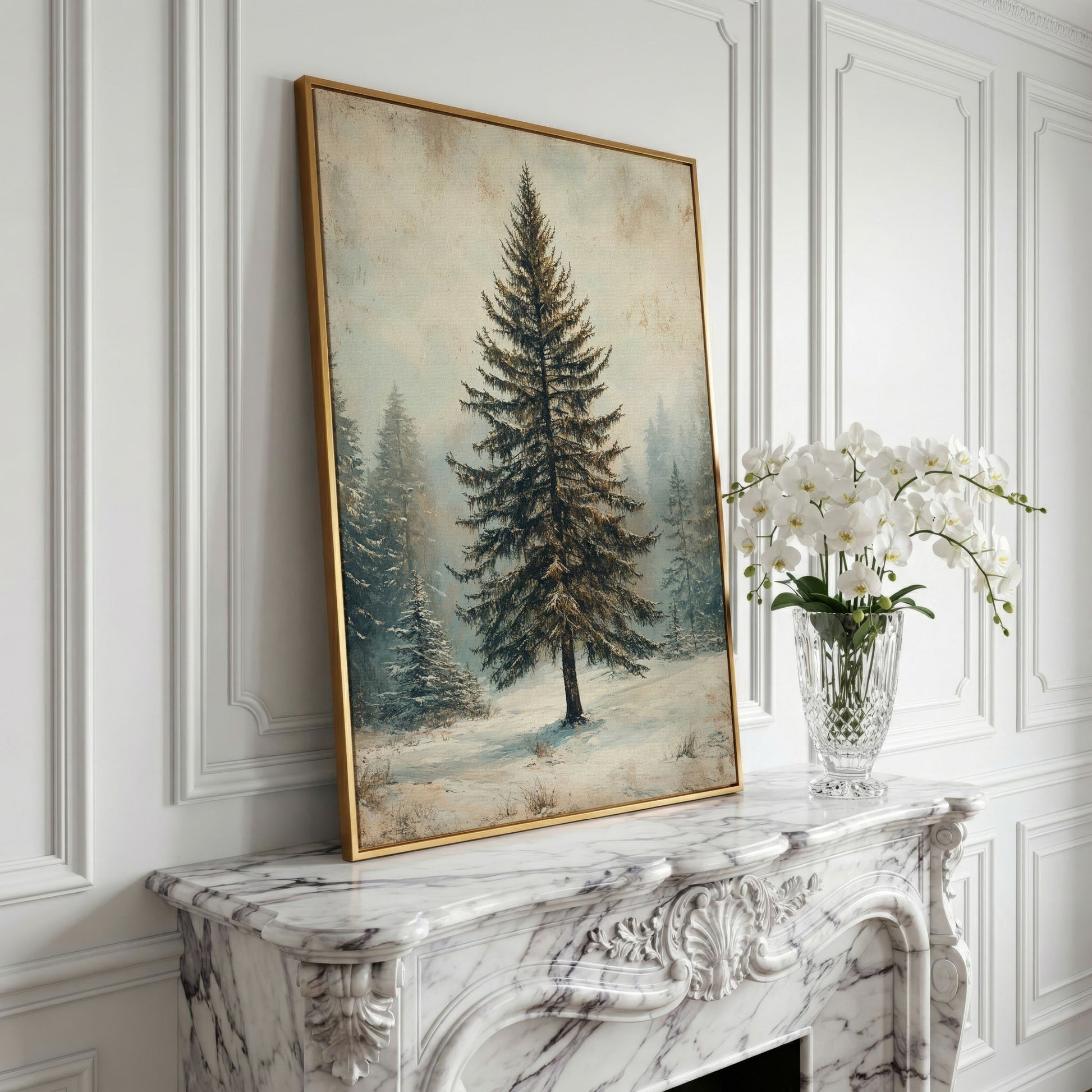 Snowy Evergreen Tree Winter Canvas Print in yellow gold floating frame