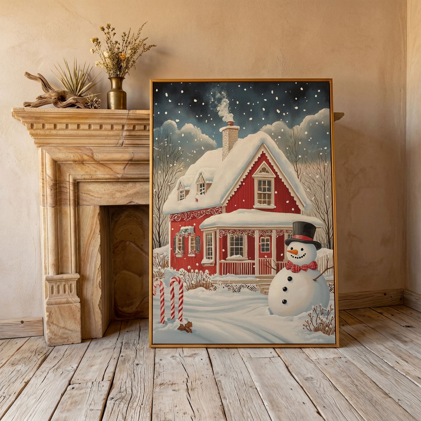 Red Cottage with Snowman Canvas Print for Christmas in antique gold floating frame