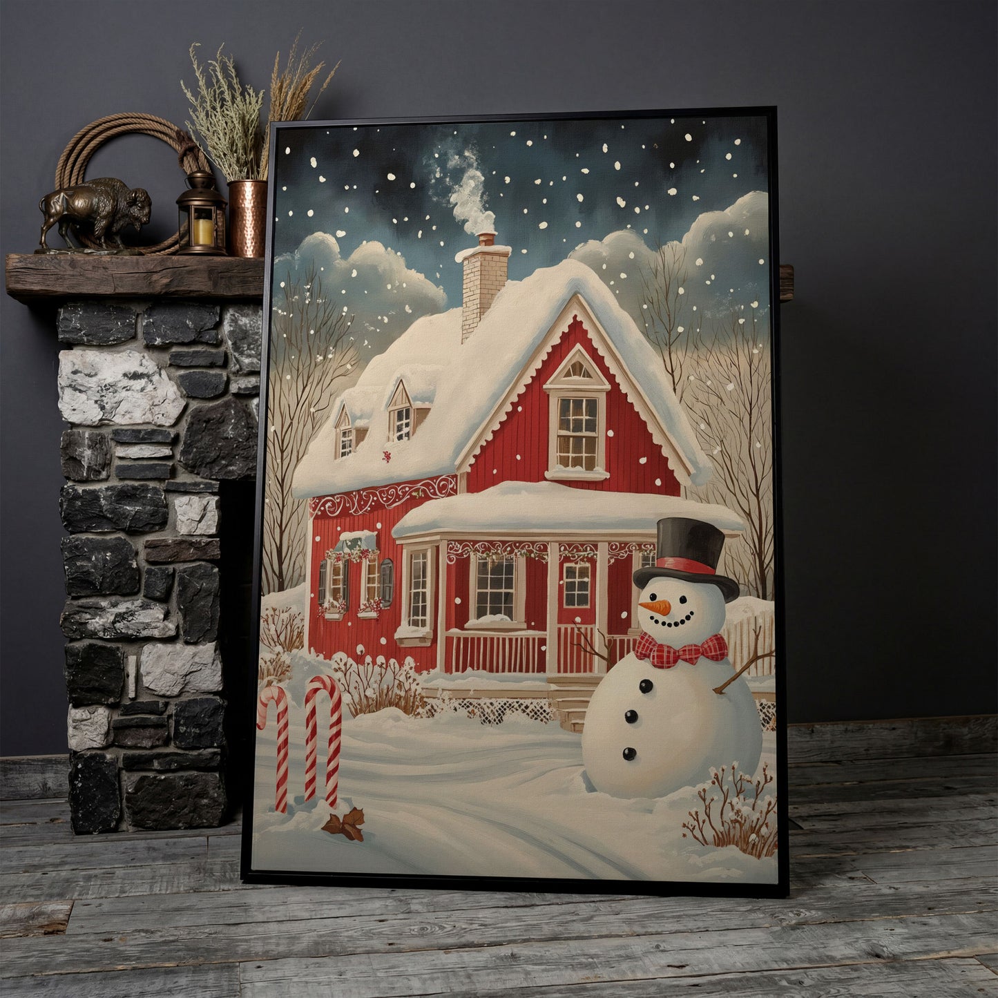 Red Cottage with Snowman Canvas Print for Christmas in black floating frame