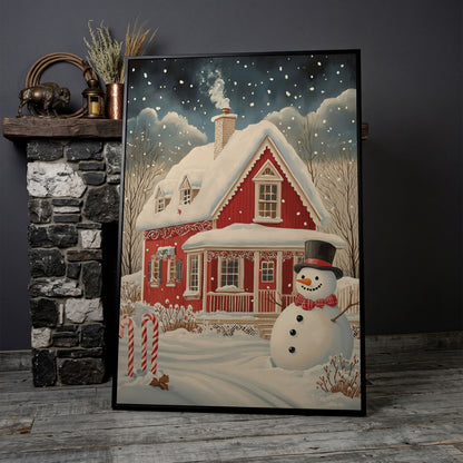 Red Cottage with Snowman Canvas Print for Christmas in black floating frame
