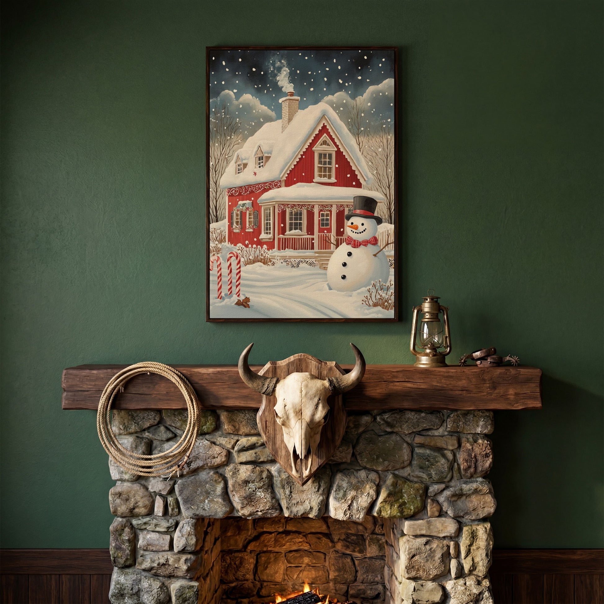 Red Cottage with Snowman Canvas Print for Christmas in dark walnut floating frame