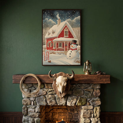 Red Cottage with Snowman Canvas Print for Christmas in dark walnut floating frame
