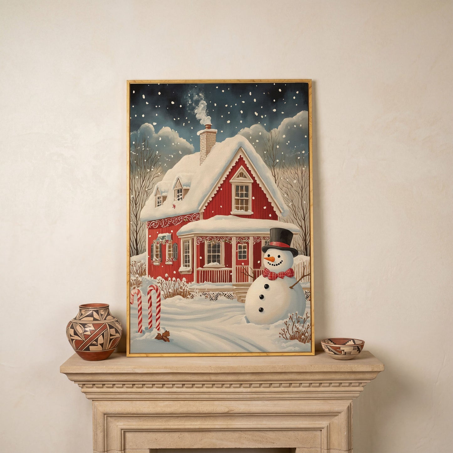 Red Cottage with Snowman Canvas Print for Christmas in white oak floating frame