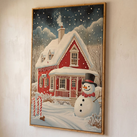 Red Cottage with Snowman Canvas Print for Christmas shown in white oak floating frame