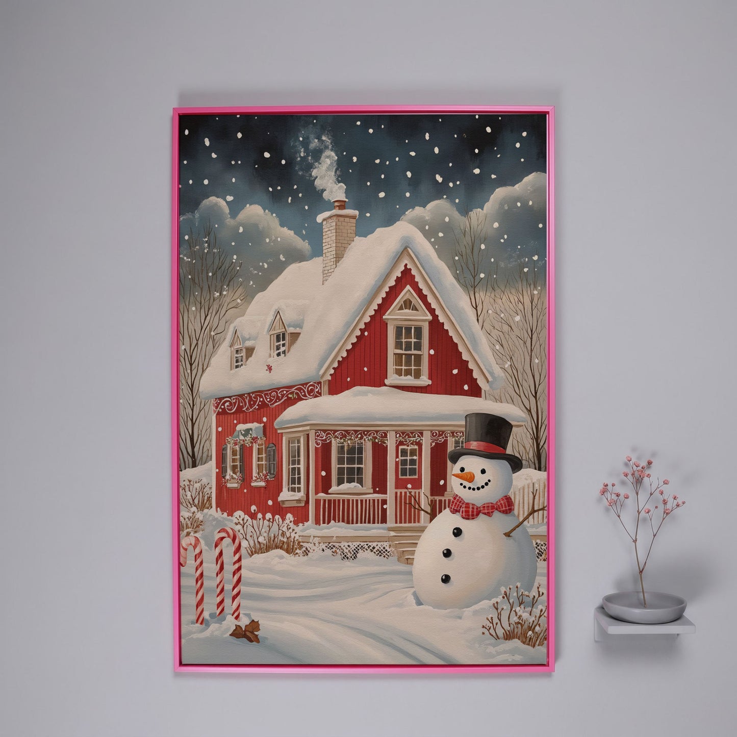 Red Cottage with Snowman Canvas Print for Christmas in pink floating frame
