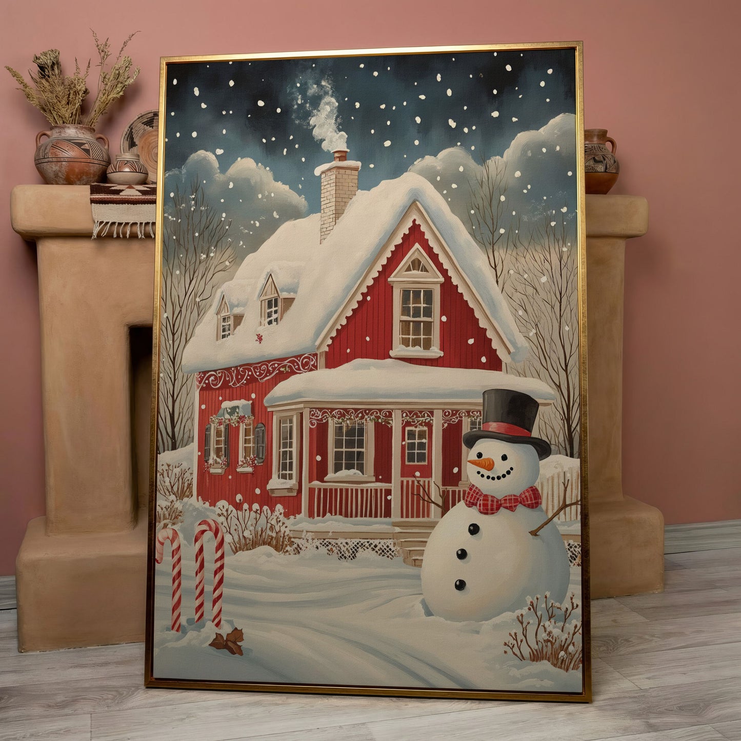 Red Cottage with Snowman Canvas Print for Christmas in rose gold floating frame