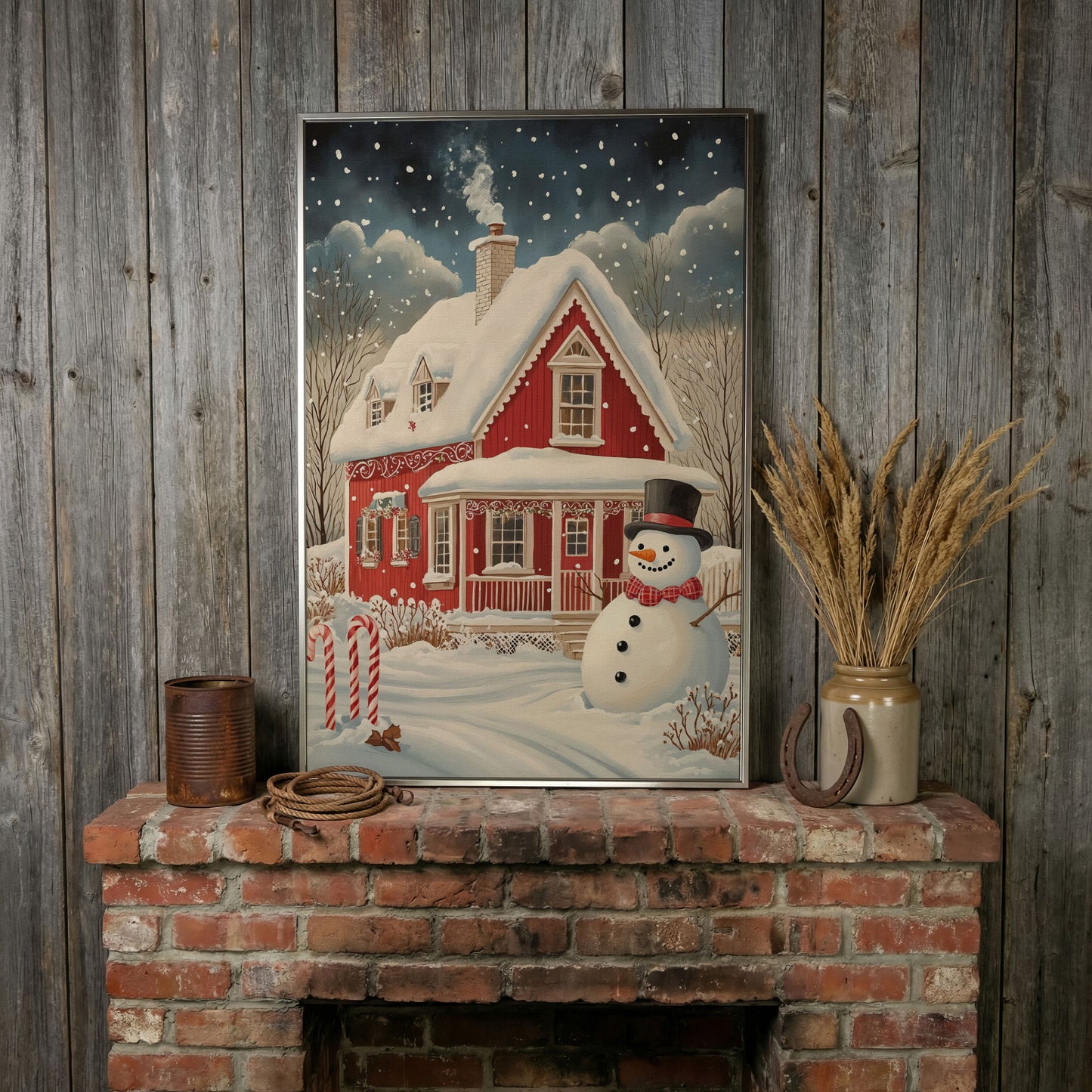 Red Cottage with Snowman Canvas Print for Christmas in silver floating frame