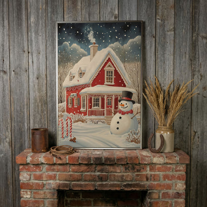 Red Cottage with Snowman Canvas Print for Christmas in silver floating frame