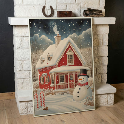 Red Cottage with Snowman Canvas Print for Christmas in white floating frame