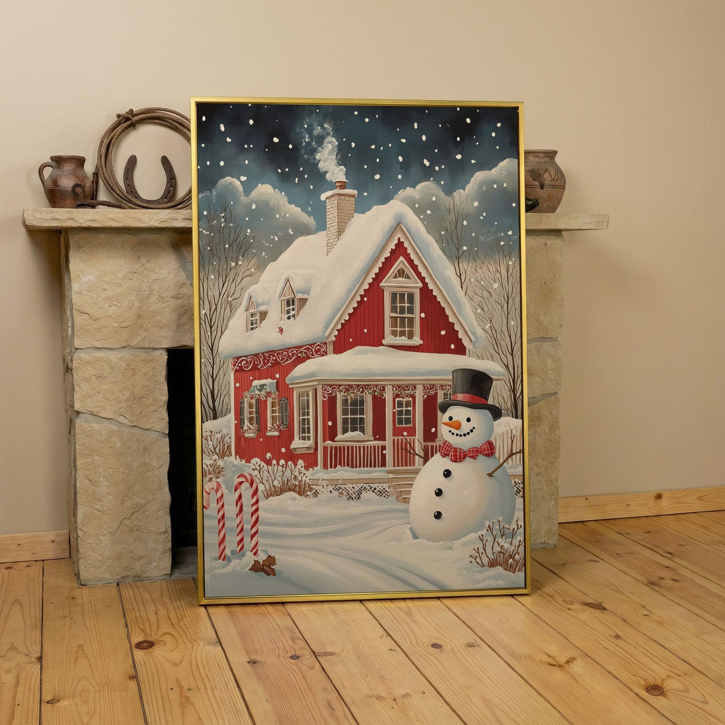 Red Cottage with Snowman Canvas Print for Christmas in yellow gold floating frame