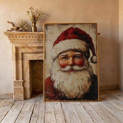 Vintage Santa Portrait Canvas Wall Art in antique gold floating frame
