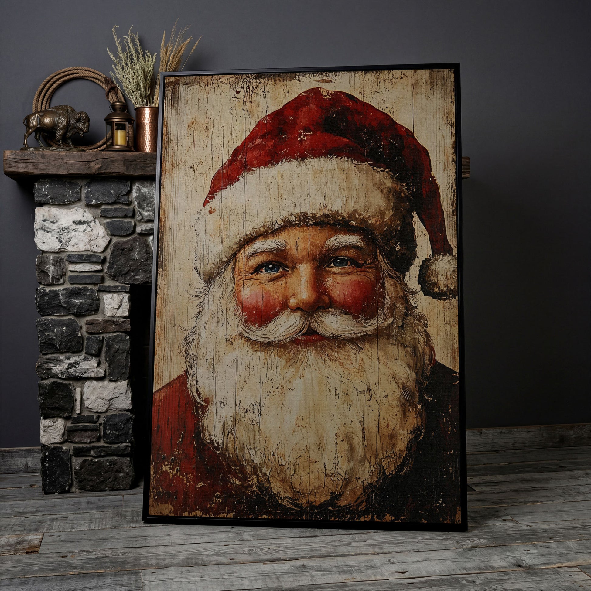 Vintage Santa Portrait Canvas Wall Art in black floating frame