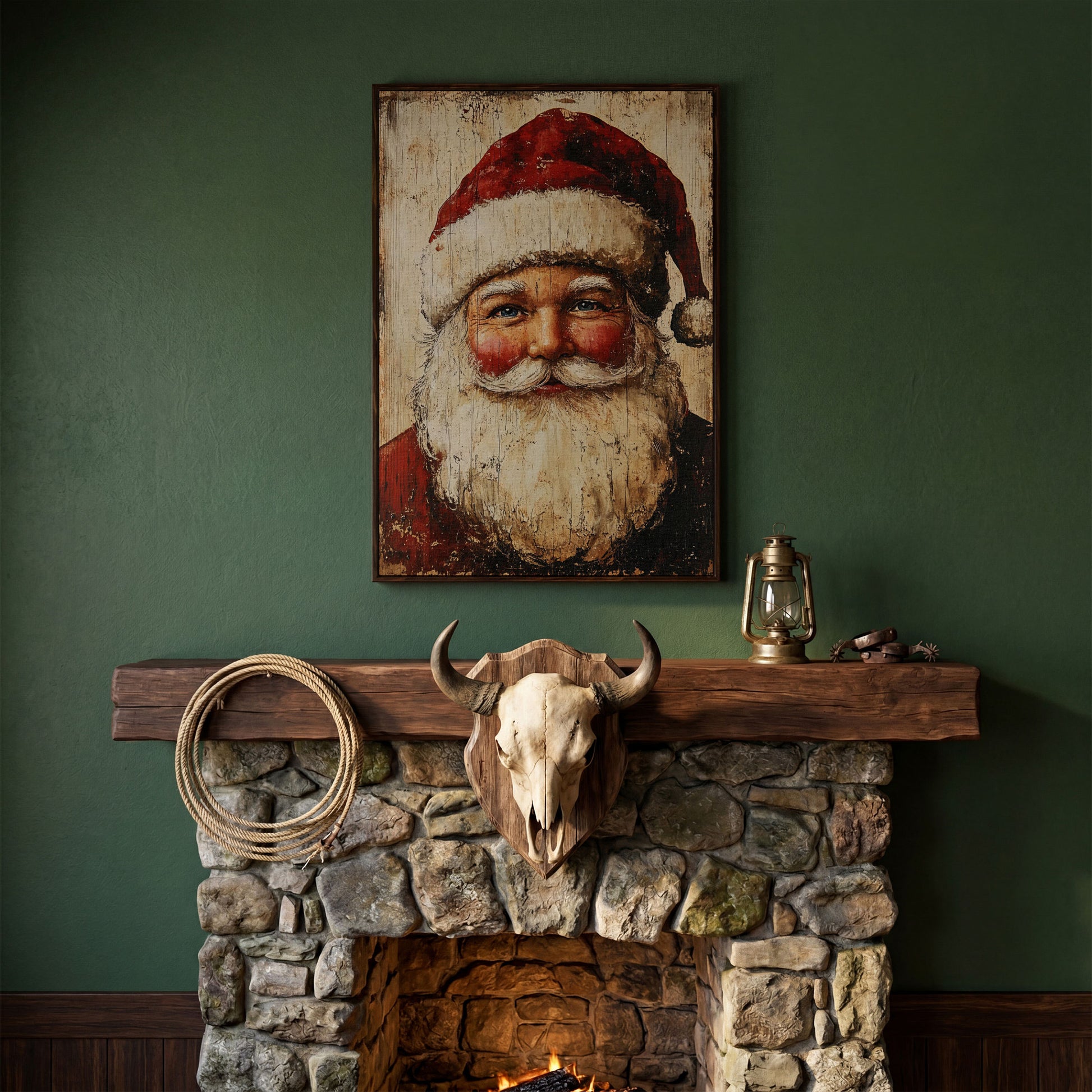Vintage Santa Portrait Canvas Wall Art in dark walnut floating frame
