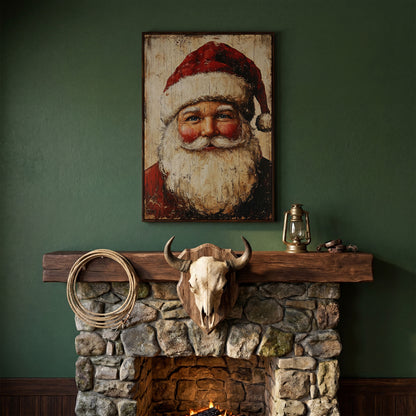 Vintage Santa Portrait Canvas Wall Art in dark walnut floating frame