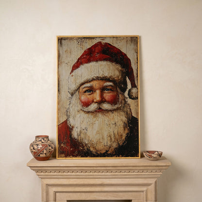 Vintage Santa Portrait Canvas Wall Art in white oak floating frame