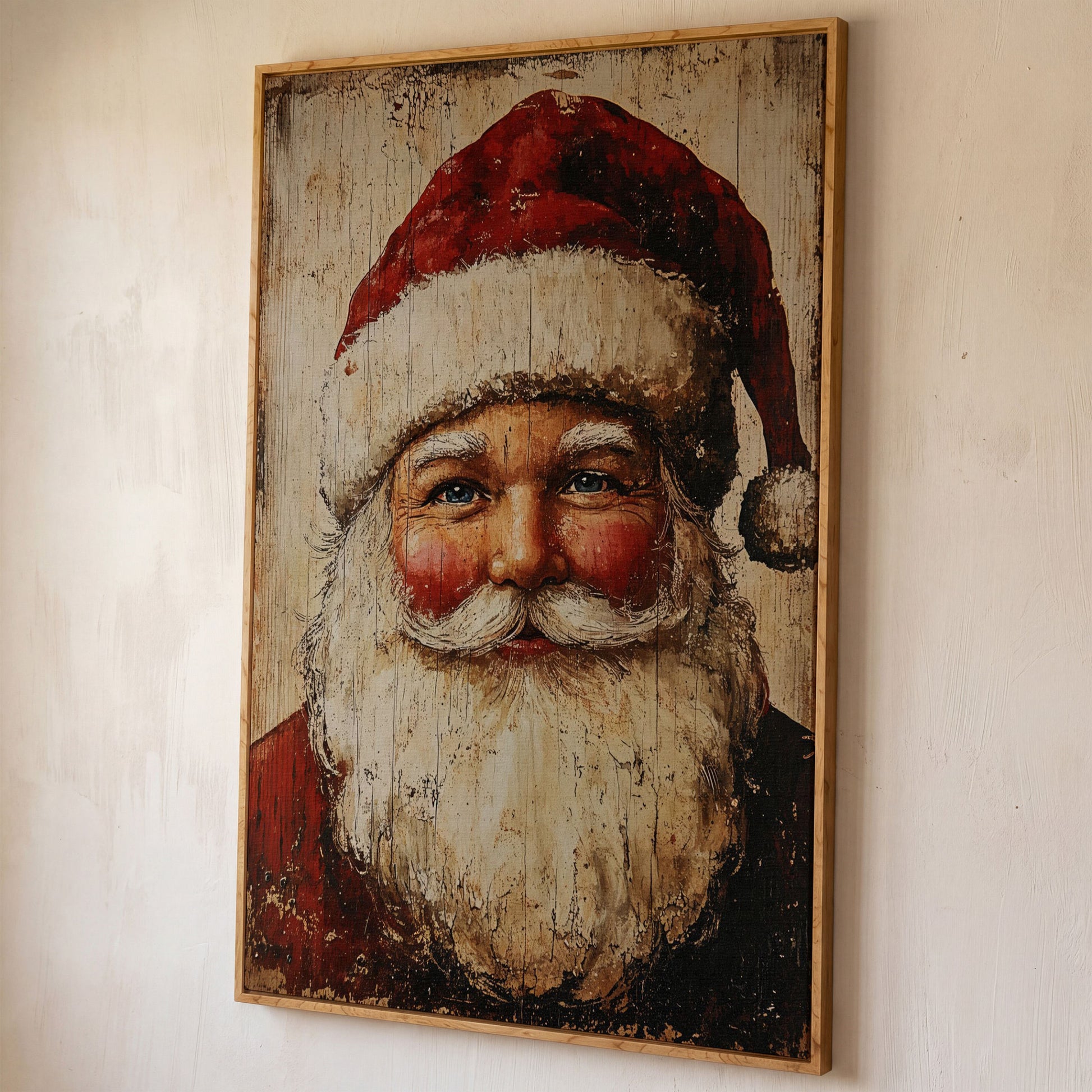 Vintage Santa Portrait Canvas Wall Art shown in white oak floating frame