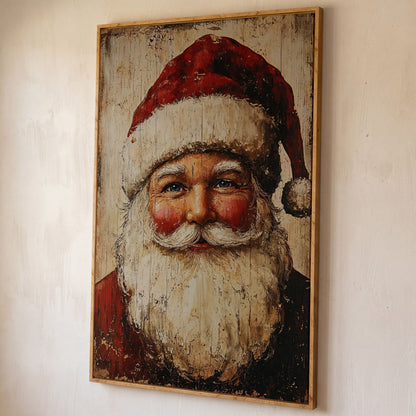 Vintage Santa Portrait Canvas Wall Art shown in white oak floating frame