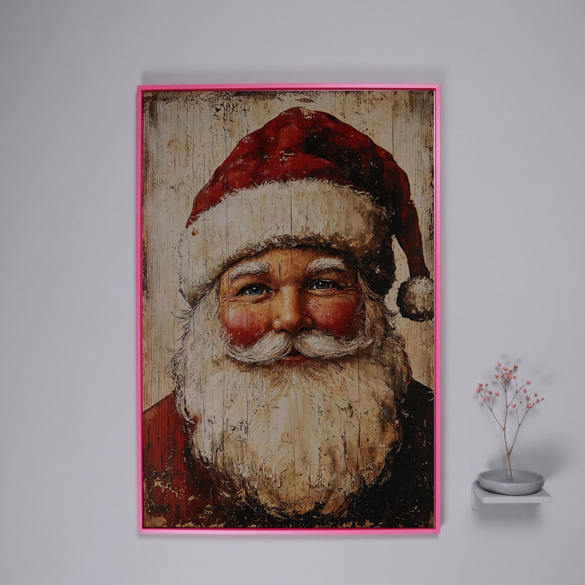 Vintage Santa Portrait Canvas Wall Art in pink floating frame