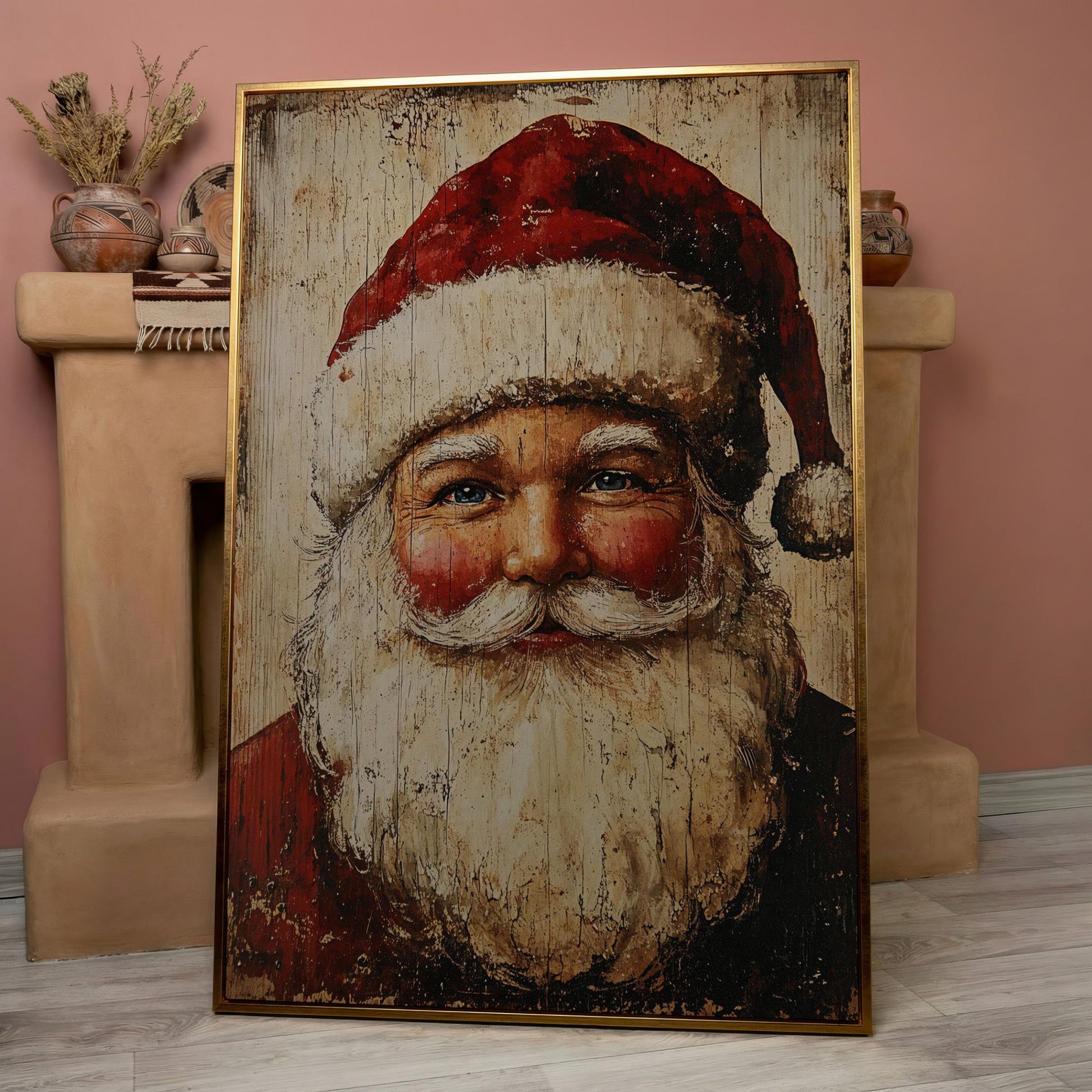 Vintage Santa Portrait Canvas Wall Art in rose gold floating frame