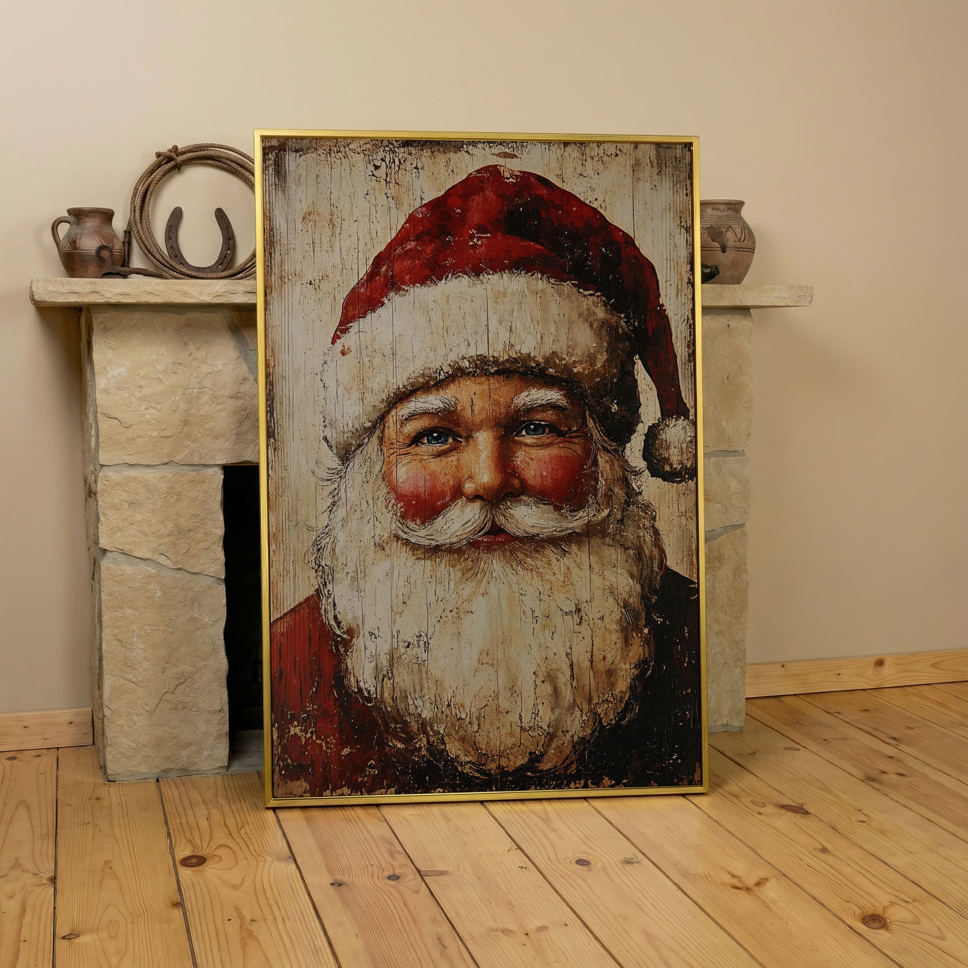 Vintage Santa Portrait Canvas Wall Art in yellow gold floating frame