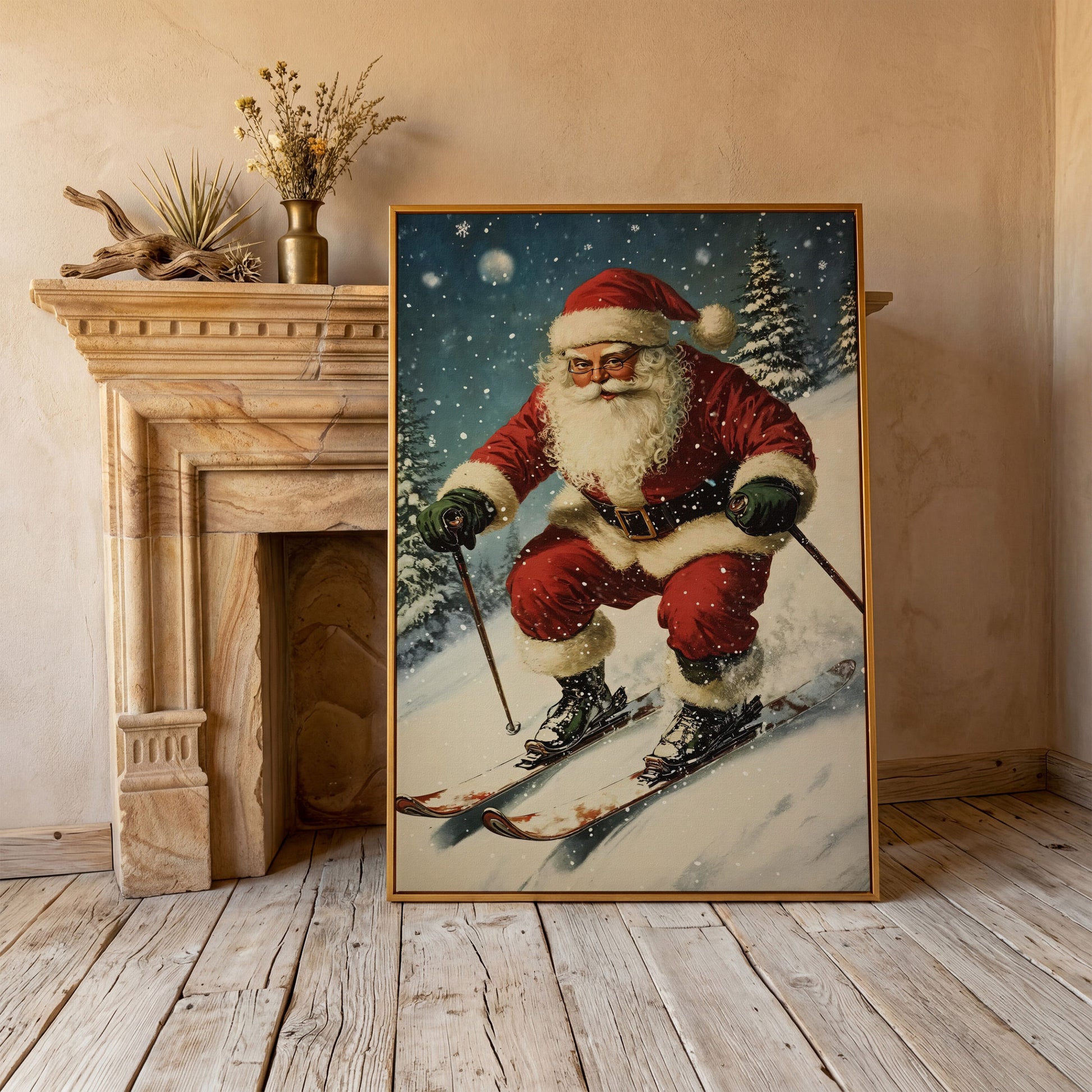 Santa Skiing Canvas Wall Art - Retro Holiday Print in antique gold floating frame