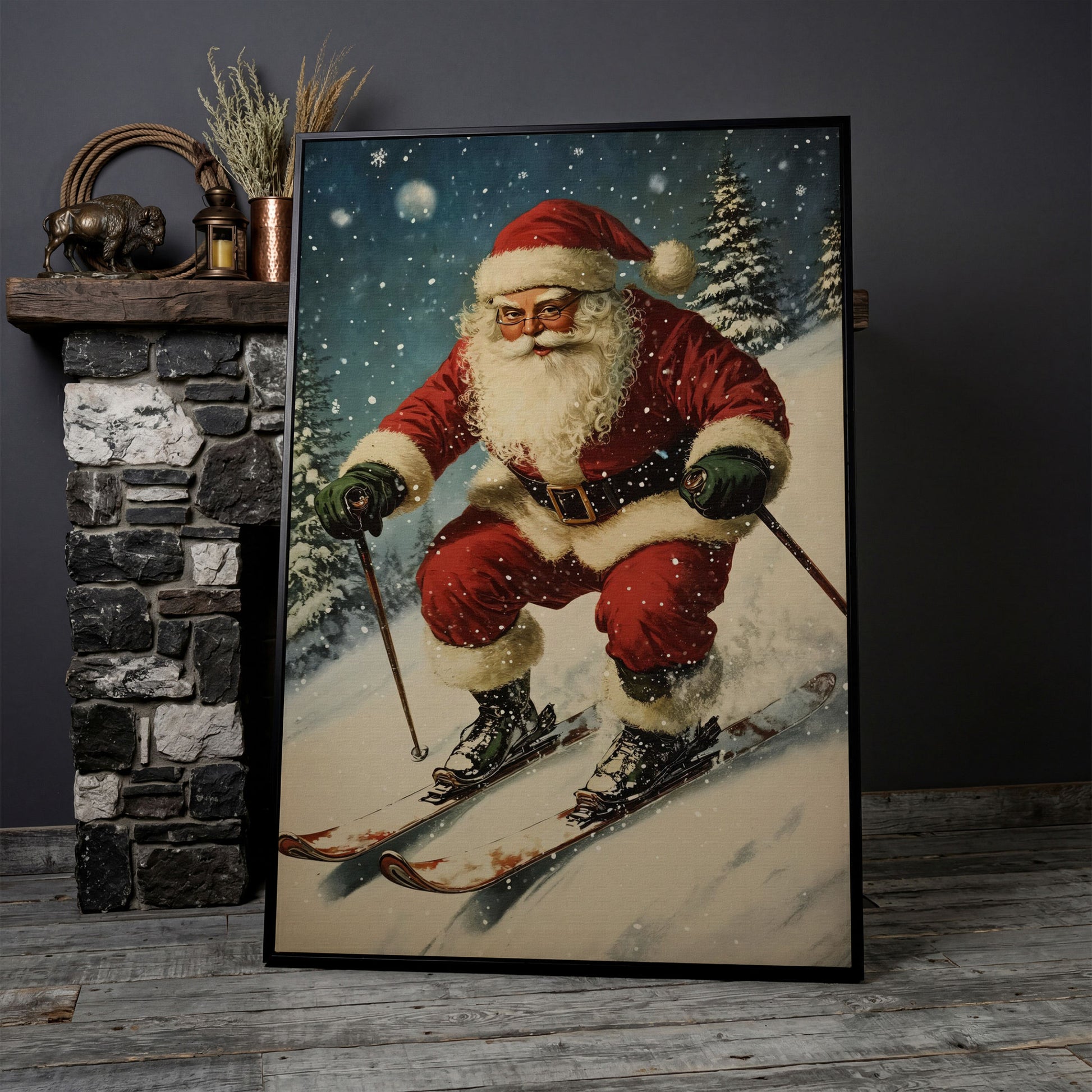 Santa Skiing Canvas Wall Art - Retro Holiday Print in black floating frame