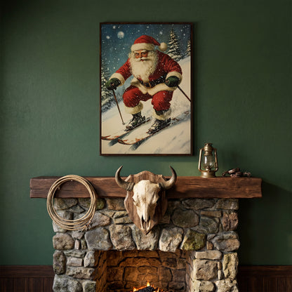 Santa Skiing Canvas Wall Art - Retro Holiday Print in dark walnut floating frame